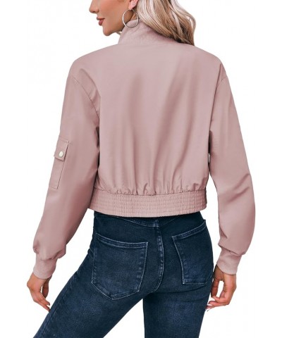 Women's Cropped Bomber Jackets Lightweight Zip Up Stand Collar Long Sleeve Short Jacket with Pockets Pink $19.88 Jackets