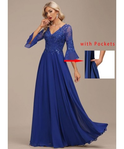 Women's V Neck Long Sleeve Mother of The Bride Dresses with Pockets Chiffon Aline Formal Evening Gowns with Pockets Dusty Ros...