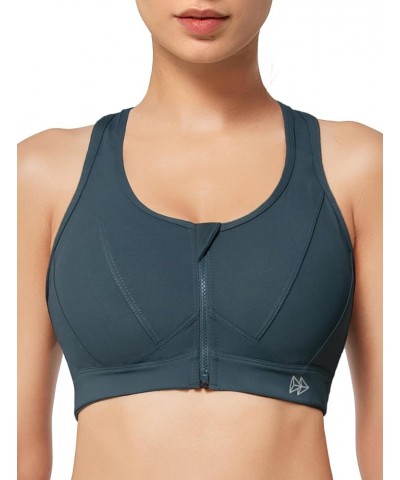 Zip Front Sports Bra - High Impact Sports Bras for Women Plus Size Workout Fitness Running Haze Blue $17.22 Lingerie