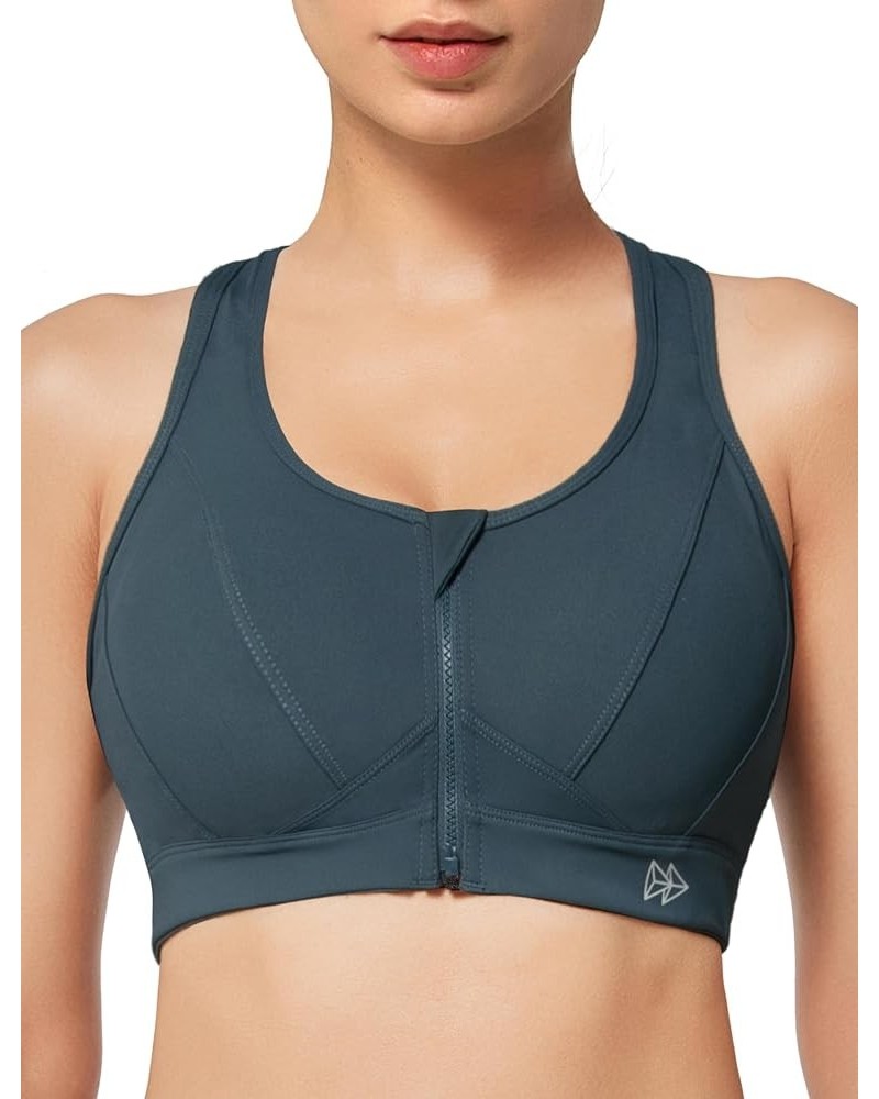 Zip Front Sports Bra - High Impact Sports Bras for Women Plus Size Workout Fitness Running Haze Blue $17.22 Lingerie