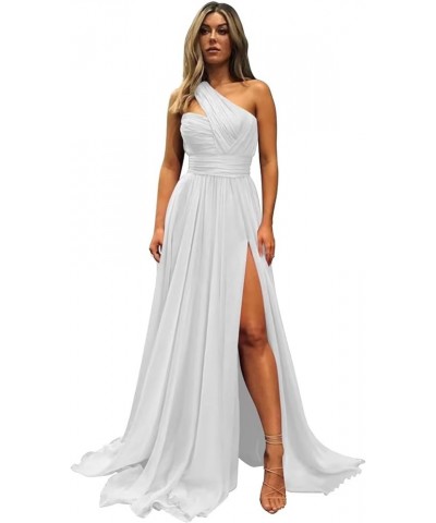 One Shoulder Chiffon Bridesmaid Dress with Pockets Long Slit Pleated Maid of Honor Dress A Line for Wedding ZD18 White $27.53...