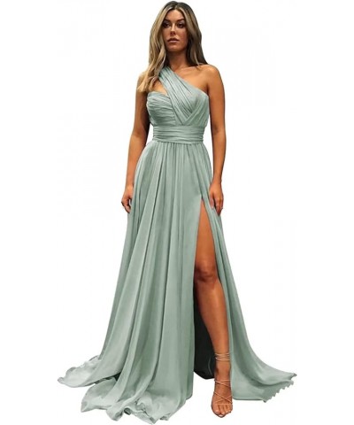 One Shoulder Chiffon Bridesmaid Dress with Pockets Long Slit Pleated Maid of Honor Dress A Line for Wedding ZD18 White $27.53...