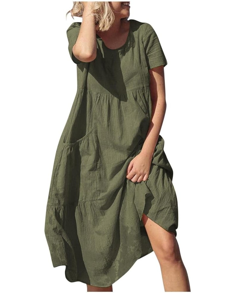 Women Summer Boho Solid A-Line Dress Hollow Out Splice 3/4 Sleeve Mid-Long Dresses B-green $7.13 Dresses