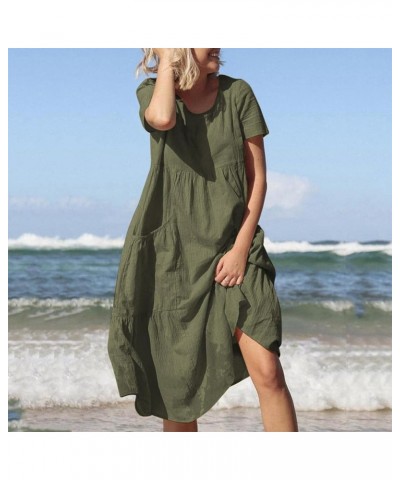 Women Summer Boho Solid A-Line Dress Hollow Out Splice 3/4 Sleeve Mid-Long Dresses B-green $7.13 Dresses