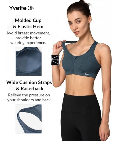 Zip Front Sports Bra - High Impact Sports Bras for Women Plus Size Workout Fitness Running Haze Blue $17.22 Lingerie