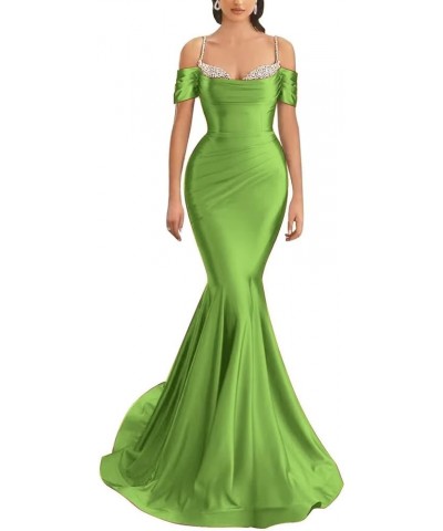 Mermaid Prom Dresses for Women Long Beaded Satin Cold Shoulder Ruched Formal Evening Party Gown Green $31.82 Dresses