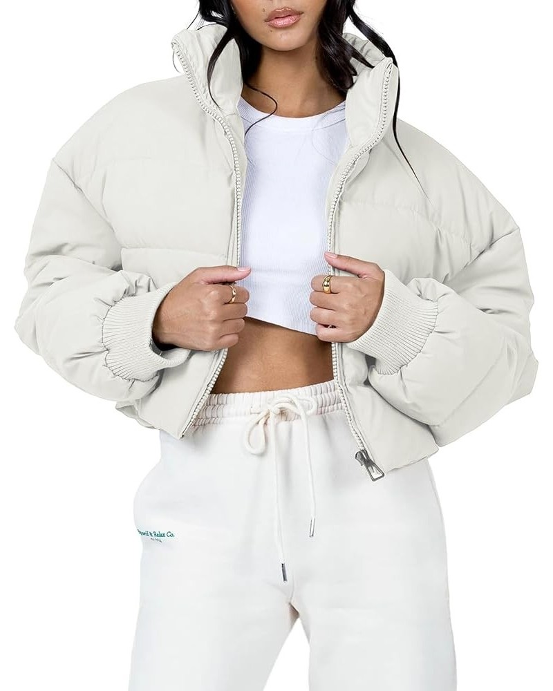 Women's Winter Puffer Jacket Cropped Lightweight Zip Up Padded Coat Oversized Stand Collar Short Quilted Jackets Beige $21.56...