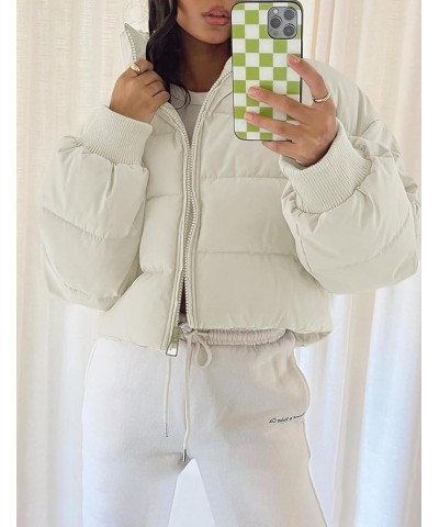 Women's Winter Puffer Jacket Cropped Lightweight Zip Up Padded Coat Oversized Stand Collar Short Quilted Jackets Beige $21.56...