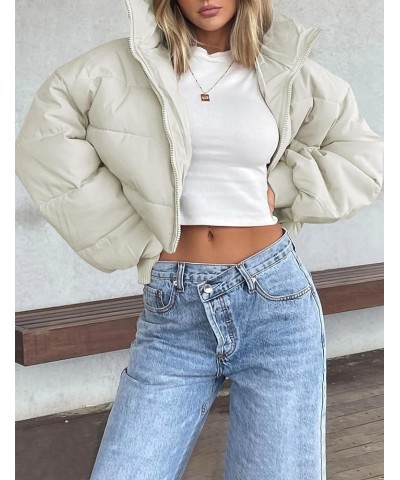 Women's Winter Puffer Jacket Cropped Lightweight Zip Up Padded Coat Oversized Stand Collar Short Quilted Jackets Beige $21.56...