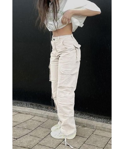 Womens High Waisted Black Cargo Pants with Pockets Baggy Solid Y2k Streetwear Pants Straight-beige $16.00 Pants