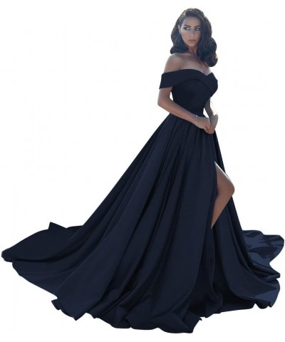 Women's Off The Shoulder Satin Prom Dresses with Slit Long Formal Evening Party Gowns with Pockets SYYS043 Navy $30.55 Dresses