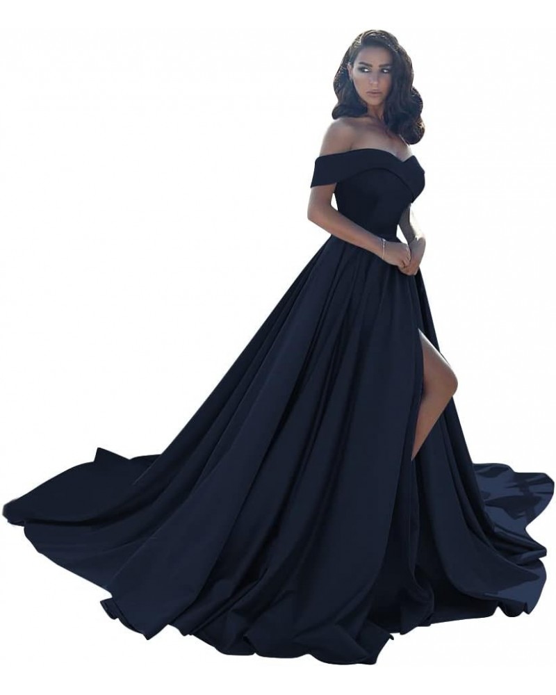 Women's Off The Shoulder Satin Prom Dresses with Slit Long Formal Evening Party Gowns with Pockets SYYS043 Navy $30.55 Dresses