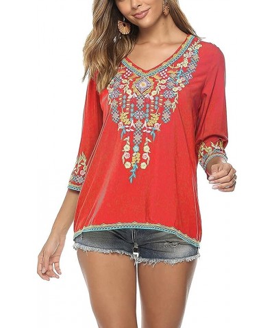 Womens Casual Summer Tops, Hippie Clothes, Traditional Floral Embroidered Boho Shirt, Mexican Peasant Blouses for Women Red $...