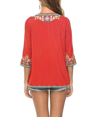 Womens Casual Summer Tops, Hippie Clothes, Traditional Floral Embroidered Boho Shirt, Mexican Peasant Blouses for Women Red $...