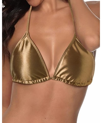 Women Triangle Bikini Top String Bathing Suits Top Halter Swimsuit Top Metallic Gold $11.99 Swimsuits