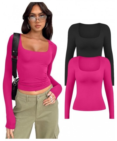 Women's Workout Square Neck Long Sleeve Y2k Slim Fit High Stretchy Basic Tunic Tops Black Rose $14.70 Tops