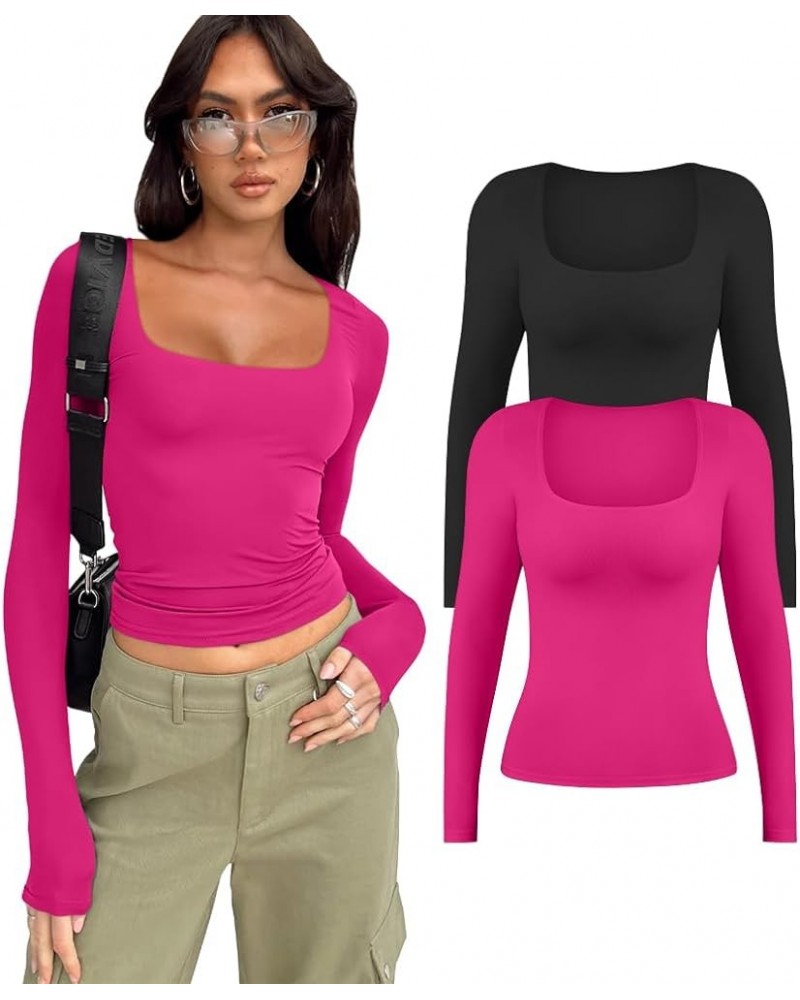 Women's Workout Square Neck Long Sleeve Y2k Slim Fit High Stretchy Basic Tunic Tops Black Rose $14.70 Tops