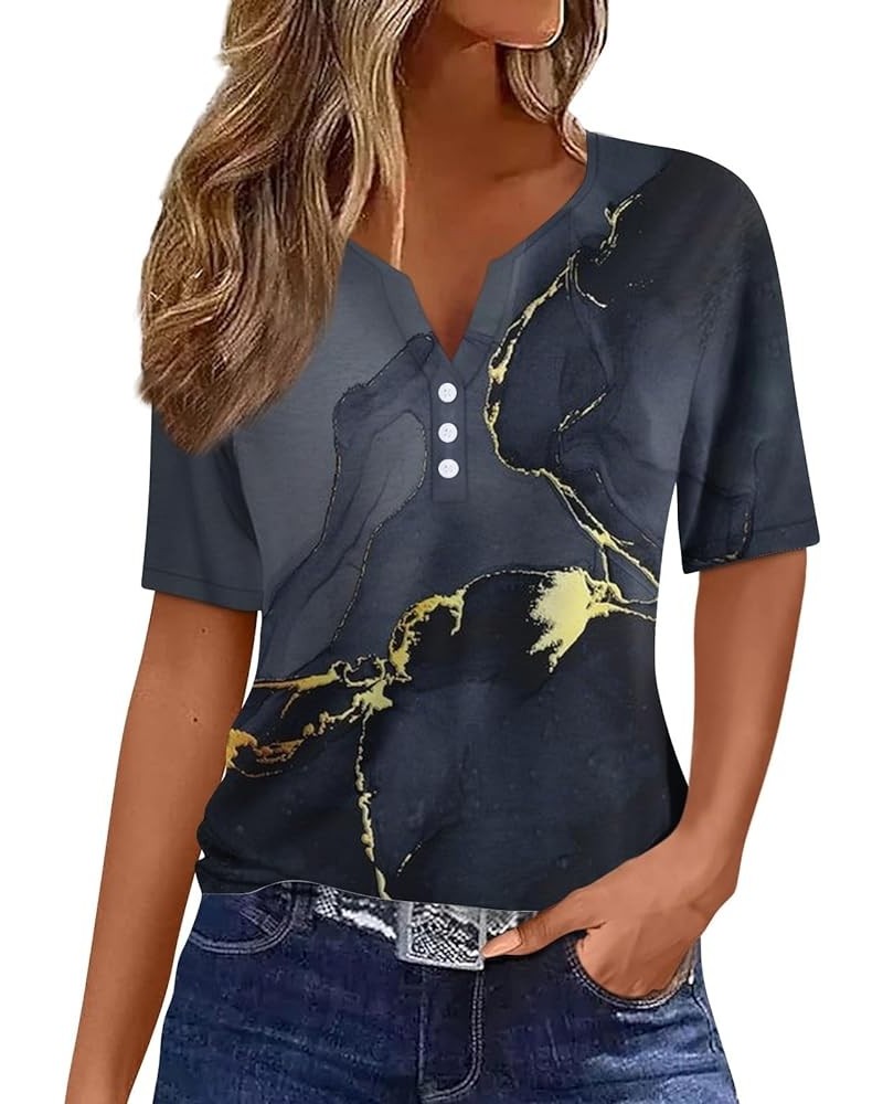 Summer Tops for Women 2024 Short Sleeve Button V Neck Tshirts Trendy Dressy Casual Blouses Loose Fit Graphic Tunics C Black $...