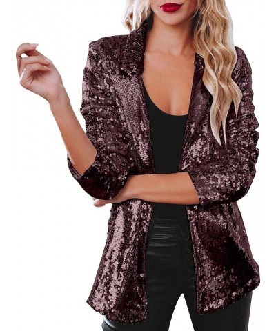 Women's Fashion Sequin Jackets Open Front Suit Jacket Long Sleeve Glitter Party Shiny Lapel Coat Rave Outerwear 2-wine $20.29...