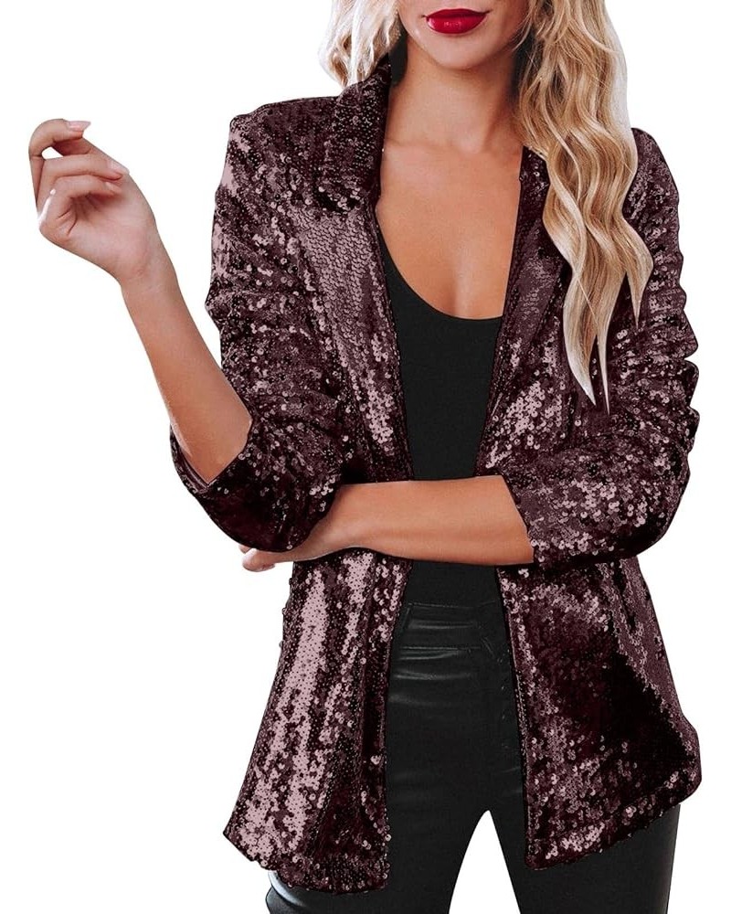 Women's Fashion Sequin Jackets Open Front Suit Jacket Long Sleeve Glitter Party Shiny Lapel Coat Rave Outerwear 2-wine $20.29...