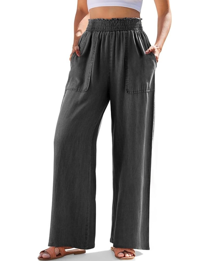 Womens Ruffled Smocked High Waist Slant Pocket Straight Tencel Denim Jeans Summer Lightweight Pants Dark Grey $15.95 Pants