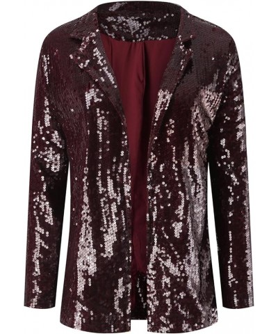 Women's Fashion Sequin Jackets Open Front Suit Jacket Long Sleeve Glitter Party Shiny Lapel Coat Rave Outerwear 2-wine $20.29...