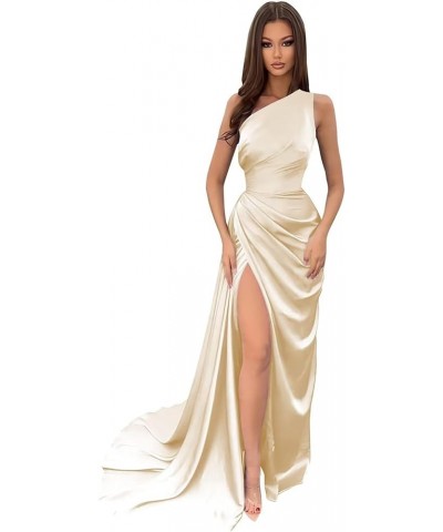 Womens One Shoulder Mermaid Prom Dresses Satin Wrap Long with Slit Pleats Bridesmaid Dresses Evening Dresses Champange $30.75...