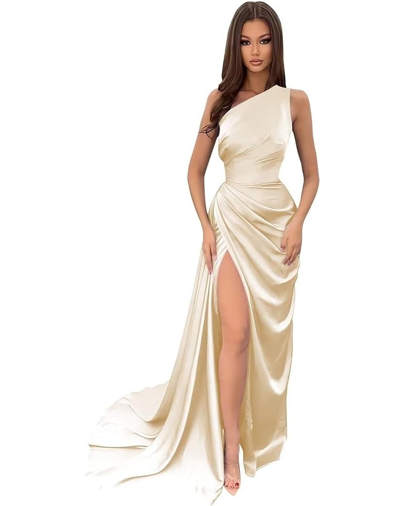 Womens One Shoulder Mermaid Prom Dresses Satin Wrap Long with Slit Pleats Bridesmaid Dresses Evening Dresses Champange $30.75...