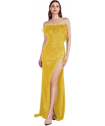 Feather Sequin Prom Dress Long Sparkly Slit Mermaid Formal Evening Gowns Off Shoulder Strapless Party Dress for Women Yellow ...