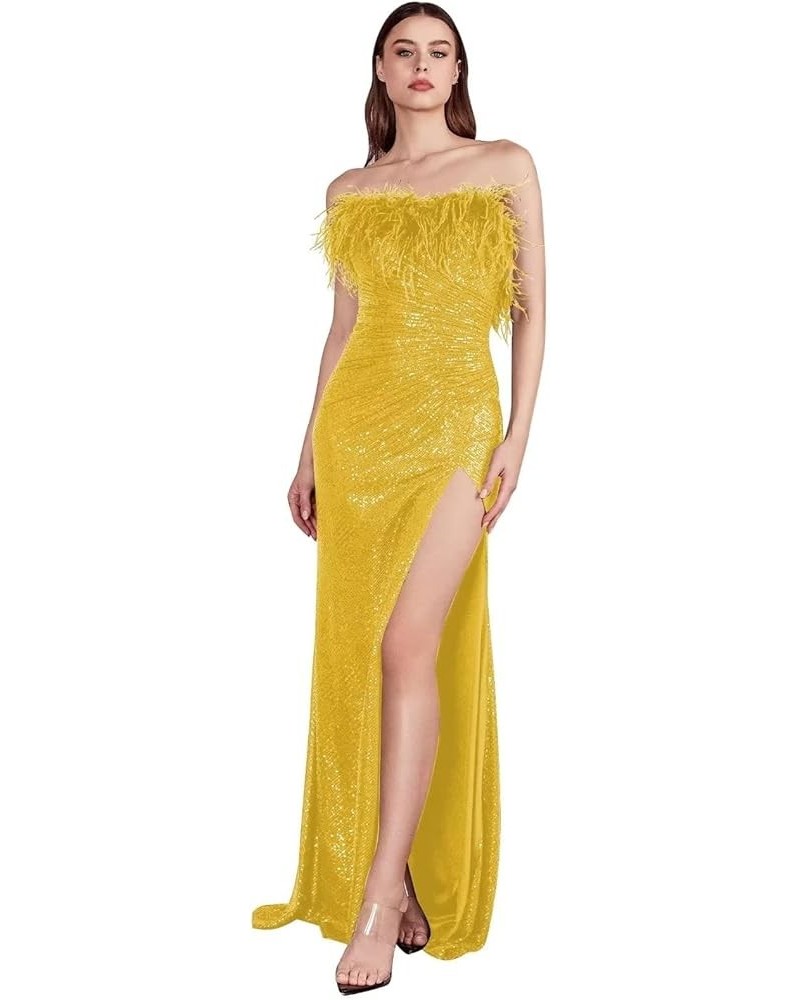 Feather Sequin Prom Dress Long Sparkly Slit Mermaid Formal Evening Gowns Off Shoulder Strapless Party Dress for Women Yellow ...