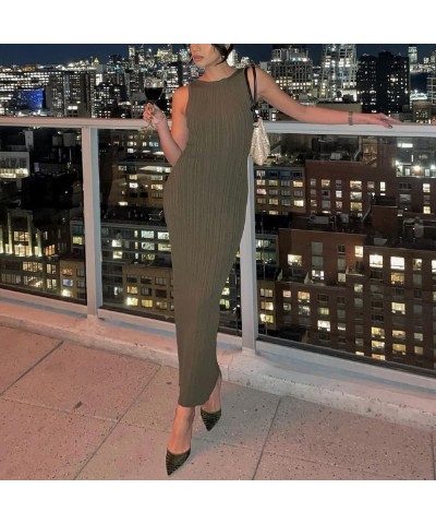 Women Casual Knit Maxi Dress Long Sleeve Sexy V Neck Ribbed Backless Bodycon Midi Long Dress 04-ribbed Green $14.07 Dresses