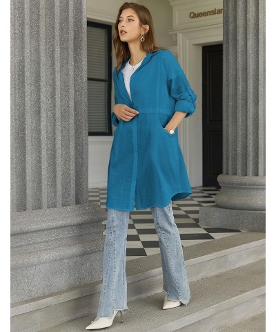 Cotton Button Down Shirt for Women Casual Linen Shirts Roll Up Long Sleeve Mid-Long Blouses Tops with Pockets Peacock Blue $1...