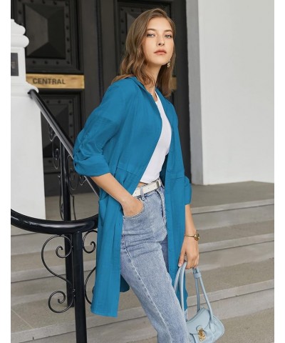 Cotton Button Down Shirt for Women Casual Linen Shirts Roll Up Long Sleeve Mid-Long Blouses Tops with Pockets Peacock Blue $1...