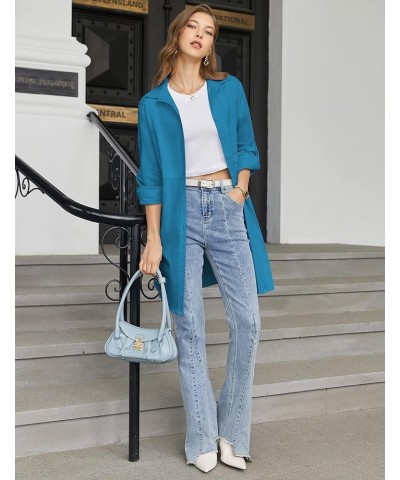 Cotton Button Down Shirt for Women Casual Linen Shirts Roll Up Long Sleeve Mid-Long Blouses Tops with Pockets Peacock Blue $1...