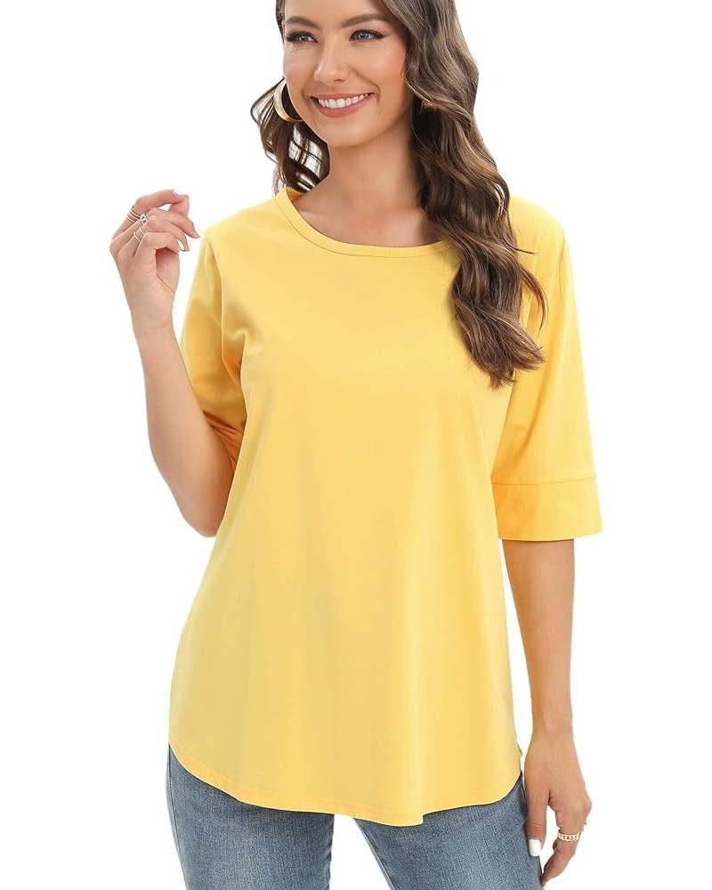 Women's Casual T Shirts Cotton Mid Sleeve Summer Basic Tunics Tee Tops Fashion Yellow $11.00 T-Shirts