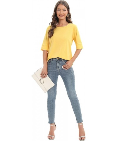 Women's Casual T Shirts Cotton Mid Sleeve Summer Basic Tunics Tee Tops Fashion Yellow $11.00 T-Shirts