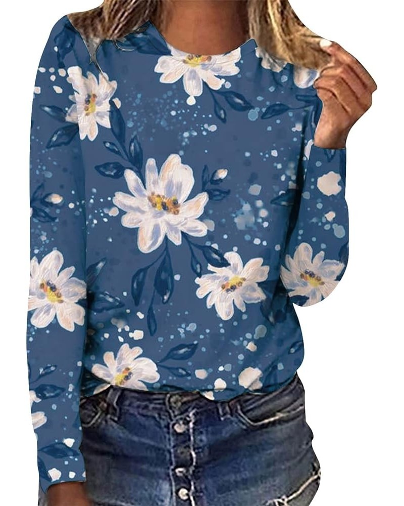 Long Sleeve Shirts for Women Crew-Neck Delicate Print Casual Tops 03-sky Blue $10.85 Blouses