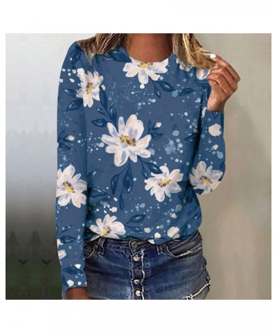 Long Sleeve Shirts for Women Crew-Neck Delicate Print Casual Tops 03-sky Blue $10.85 Blouses