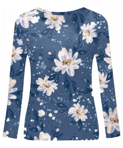 Long Sleeve Shirts for Women Crew-Neck Delicate Print Casual Tops 03-sky Blue $10.85 Blouses