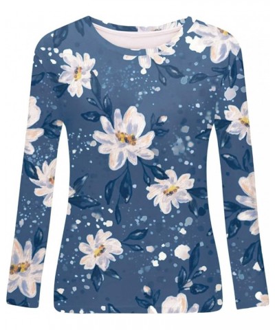 Long Sleeve Shirts for Women Crew-Neck Delicate Print Casual Tops 03-sky Blue $10.85 Blouses