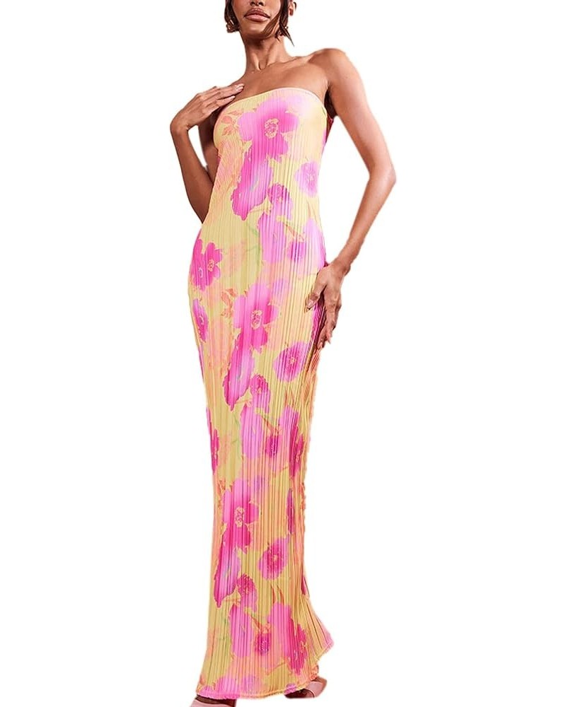 Women Y2K Tie Dye Print Long Dress Club Party Summer Sleeveless Mesh Tank Dress Sexy Chic Bodycon Maxi Dress F Pink Floral Tu...