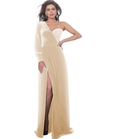 Women's One Shoulder Prom Dresses Long Sleeve A-Line Velvet Formal Gown with Slit Champagne $33.00 Dresses