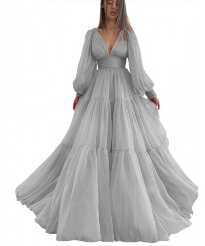 Long Puffy Sleeve Prom Dress V Neck Empire Waist Ball Gown Tulle Formal Evening Gowns for Women Formal Silver $36.00 Dresses