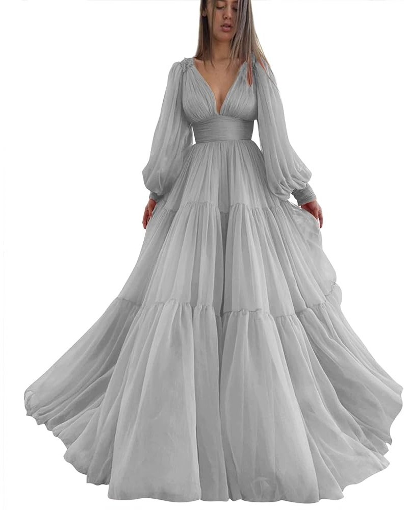 Long Puffy Sleeve Prom Dress V Neck Empire Waist Ball Gown Tulle Formal Evening Gowns for Women Formal Silver $36.00 Dresses