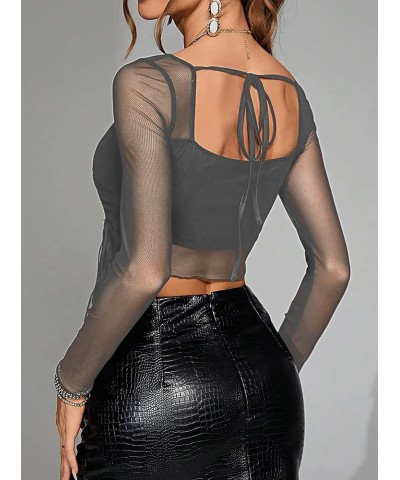 Women's Drawstring Ruched Side Asymmetrical Hem Square Neck Long Sleeve Sheer Mesh Crop Top T Shirt Mesh Grey $11.39 T-Shirts