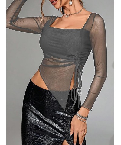 Women's Drawstring Ruched Side Asymmetrical Hem Square Neck Long Sleeve Sheer Mesh Crop Top T Shirt Mesh Grey $11.39 T-Shirts