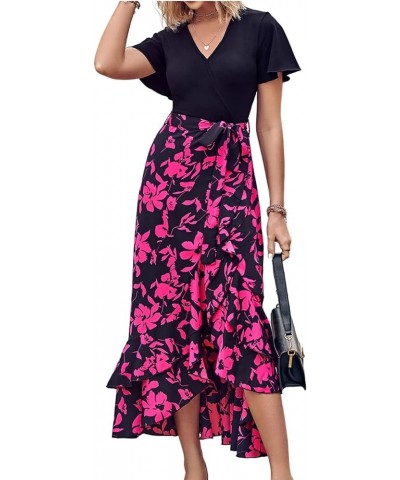 Womens Dresses Bohemian Floral Wrap Maxi Dress Patchwork Casual V Neck Short Sleeve Split Ruffle Long Dress with Belt A-hot P...