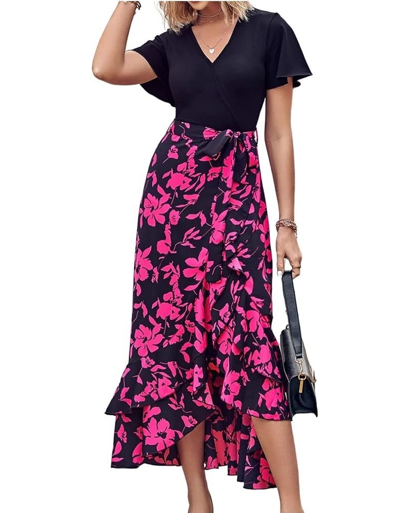 Womens Dresses Bohemian Floral Wrap Maxi Dress Patchwork Casual V Neck Short Sleeve Split Ruffle Long Dress with Belt A-hot P...