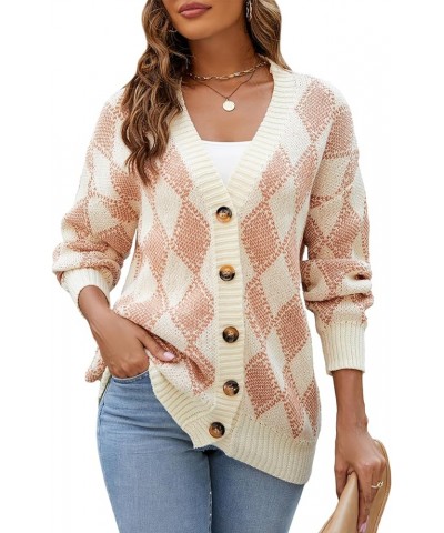 Women's Cardigan Sweaters Argyle Plaid Long Sleeve Button Down Preppy Oversized Chunky Knit Outerwear Crystal Cream $20.70 Sw...