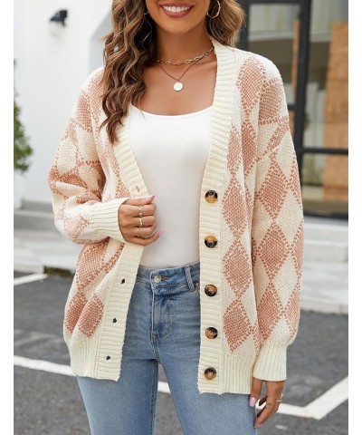 Women's Cardigan Sweaters Argyle Plaid Long Sleeve Button Down Preppy Oversized Chunky Knit Outerwear Crystal Cream $20.70 Sw...